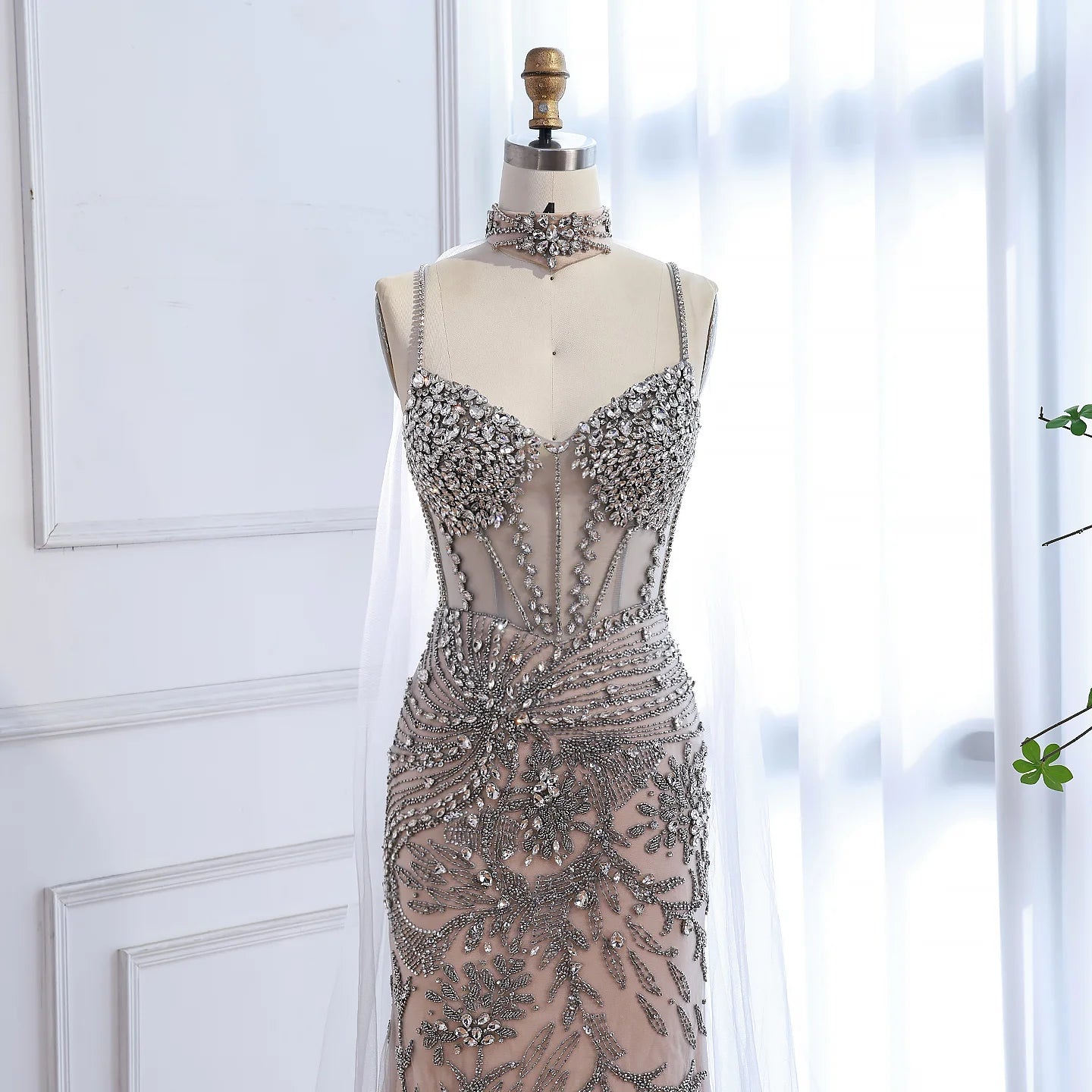 Serene Hill Silver Nude Mermaid Beaded Evening Dress with Cape DLA73342 Wedding Party Gowns for Women 2026 Customized