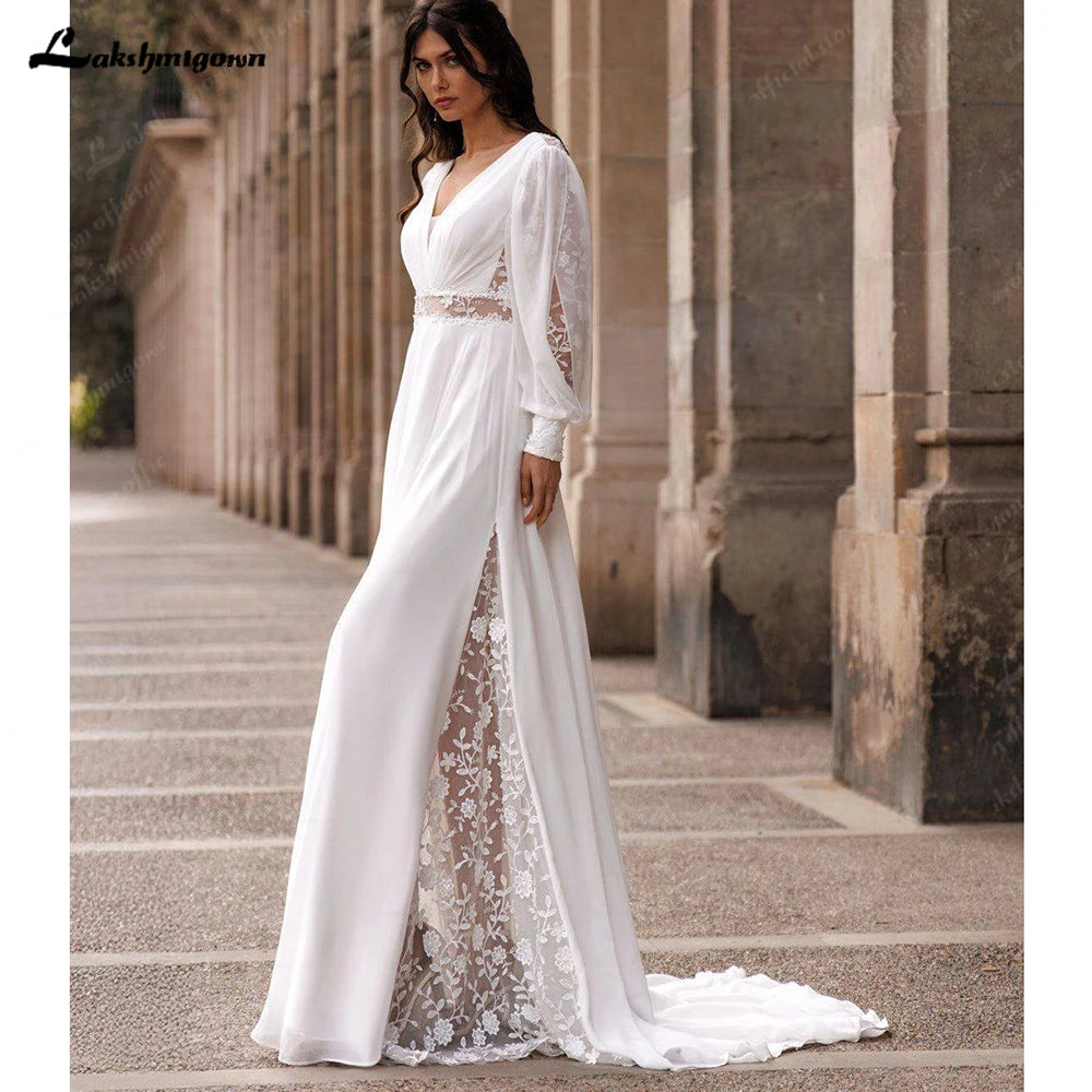Lakshmigown Summer Chiffon Wedding Dress 2026 Puff Sleeves Lace Split A Line Sweep Train Woman Bridal Gown Boho Customized