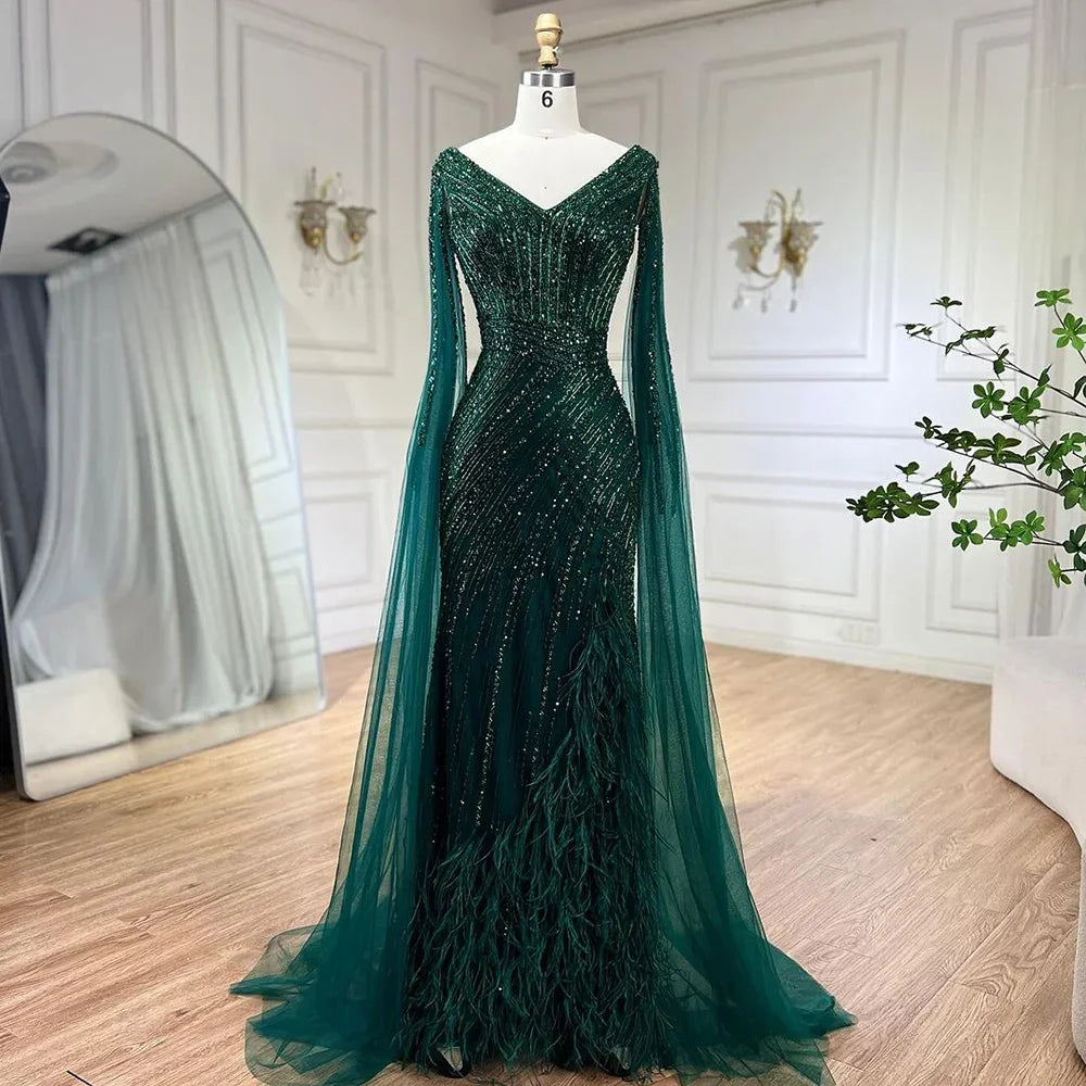 Serene Hill Black Mermaid Cape Sleeves Feathers Beaded Evening Dresses Party Gowns with Split for Women DLA72216 Customized