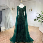 Serene Hill Black Mermaid Cape Sleeves Feathers Beaded Evening Dresses Party Gowns with Split for Women DLA72216 Customized
