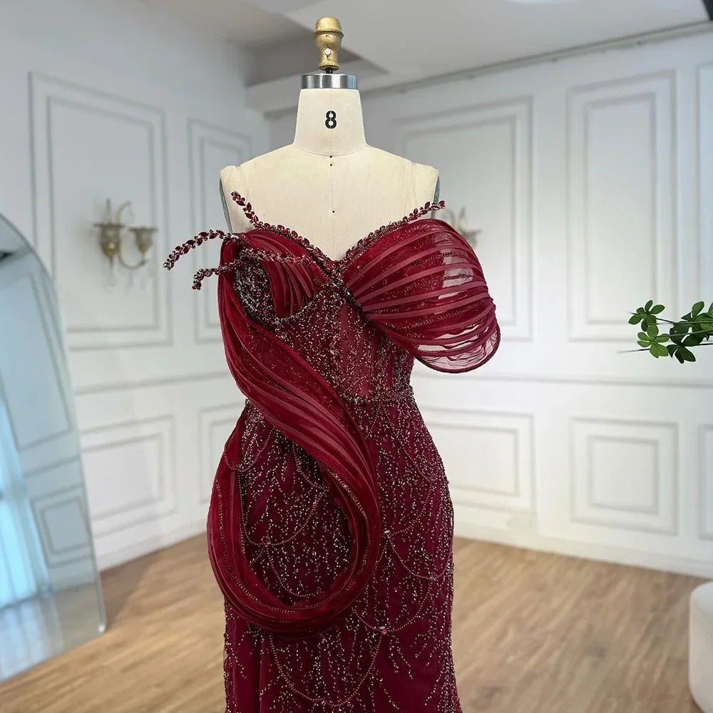 Serene Hill Wine Red Mermaid One Shoulder Beaded Cut Out Evening Dresses Classic Party  Gowns for Women DLA72455 Customized
