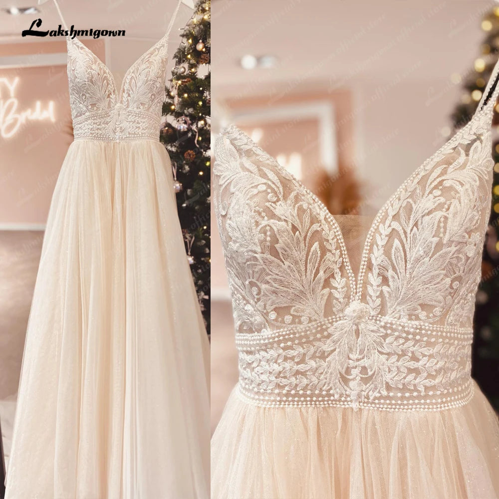 Lakshmigown Spaghetti Straps Champagne Boho Wedding Dress For Women Vestido Civil Bridal Customized Wedding Gowns Suknie Slubne