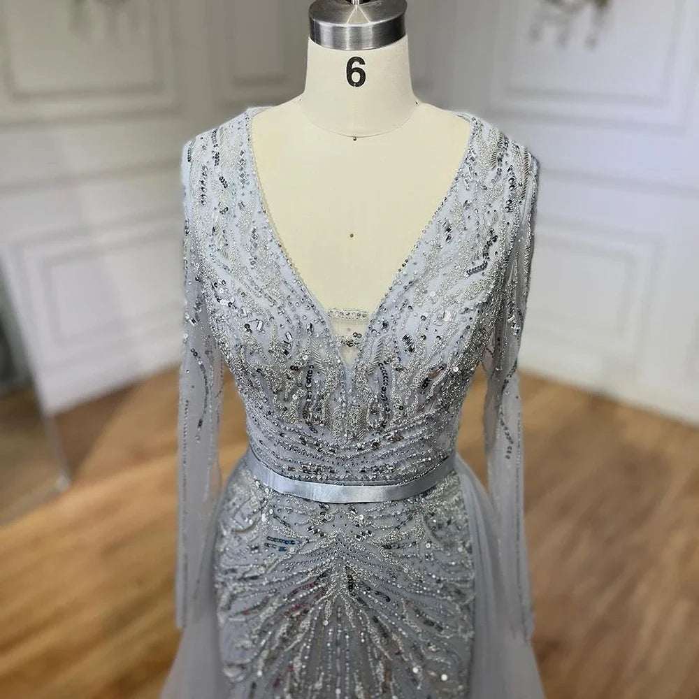 Serene Hill Customized Turquoise Long Sleeves Mermaid Beaded Evening Dresses Overskirt Party Gowns For Women DLA72239A
