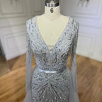 Serene Hill Customized Turquoise Long Sleeves Mermaid Beaded Evening Dresses Overskirt Party Gowns For Women DLA72239A