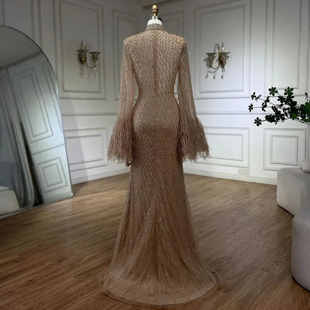 Serene Hill Nude High Neck Long Sleeves Feathers Mermaid Beaded Evening Dress Party Gowns for Women DLA72394 Customized