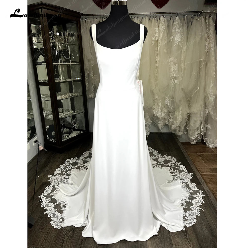 Lakshmigown Scoop Neck Lace Backless Soft Satin Wedding Dress for Women Customized Bridal Gown Court Train robe mariée sirene
