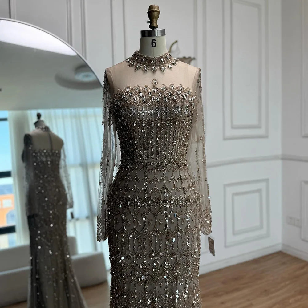 Serene Hill High Neck Long Sleeves Beaded Mermaid Evening Dress Muslim Wedding Party Gowns for Women DLA72714C Customized