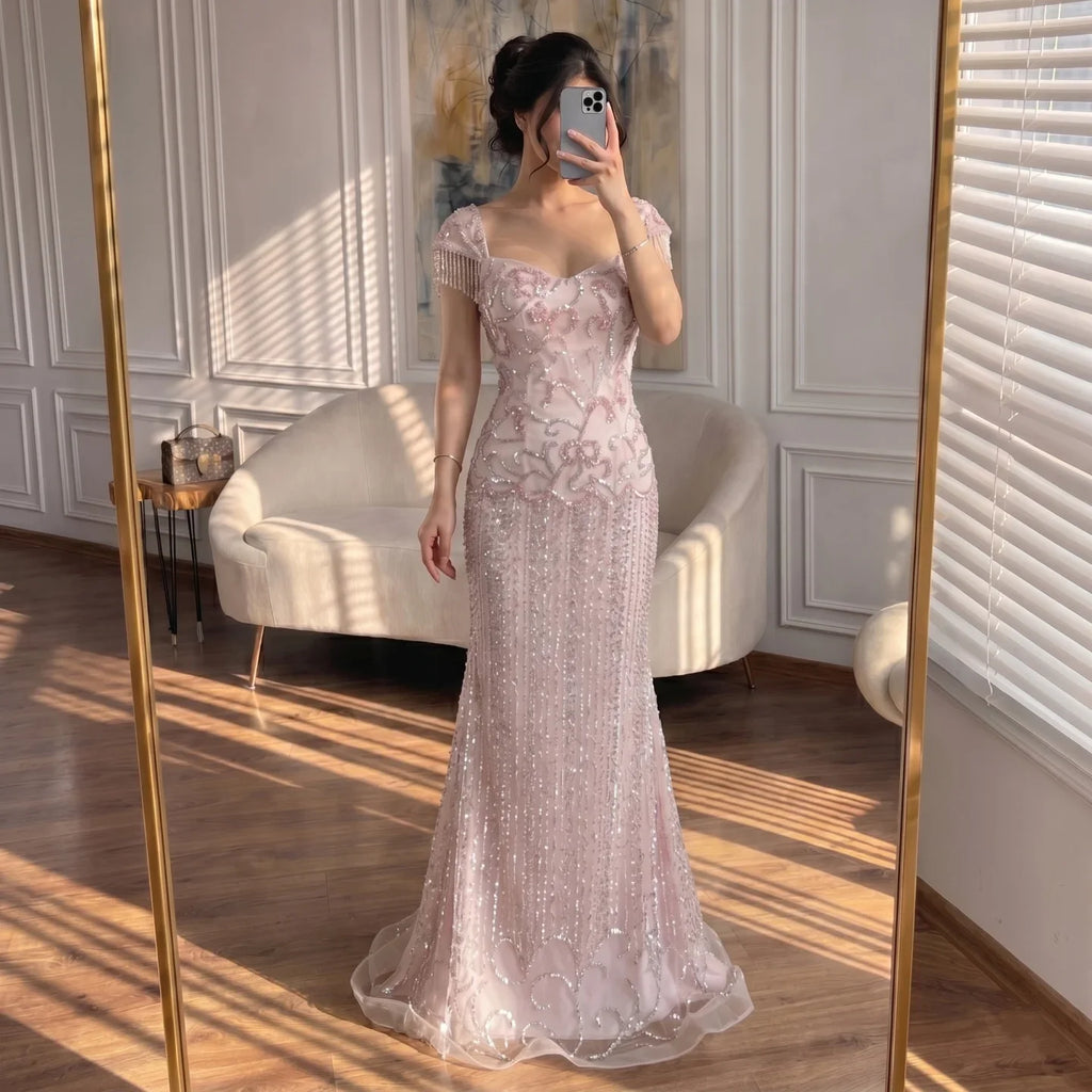 Serene Hill Pink Mermaid Beaded Evening Gowns 2026 Arabic Elegant Wedding Party Dresses DLA73550 Customized