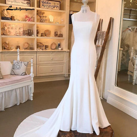 NumberSea Sexy Decote Redondo Cetim Macio Alças Finas Sereia/Trompete Boho Vestido de Noiva Illusion robe mariée sirene 