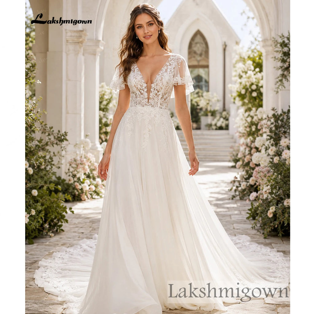 Lakshmigown Deep V‑Neck Flutter Short Sleeve Wedding Dress Lace Applique Chiffon A‑Line Bridal Gown Lace  Customized