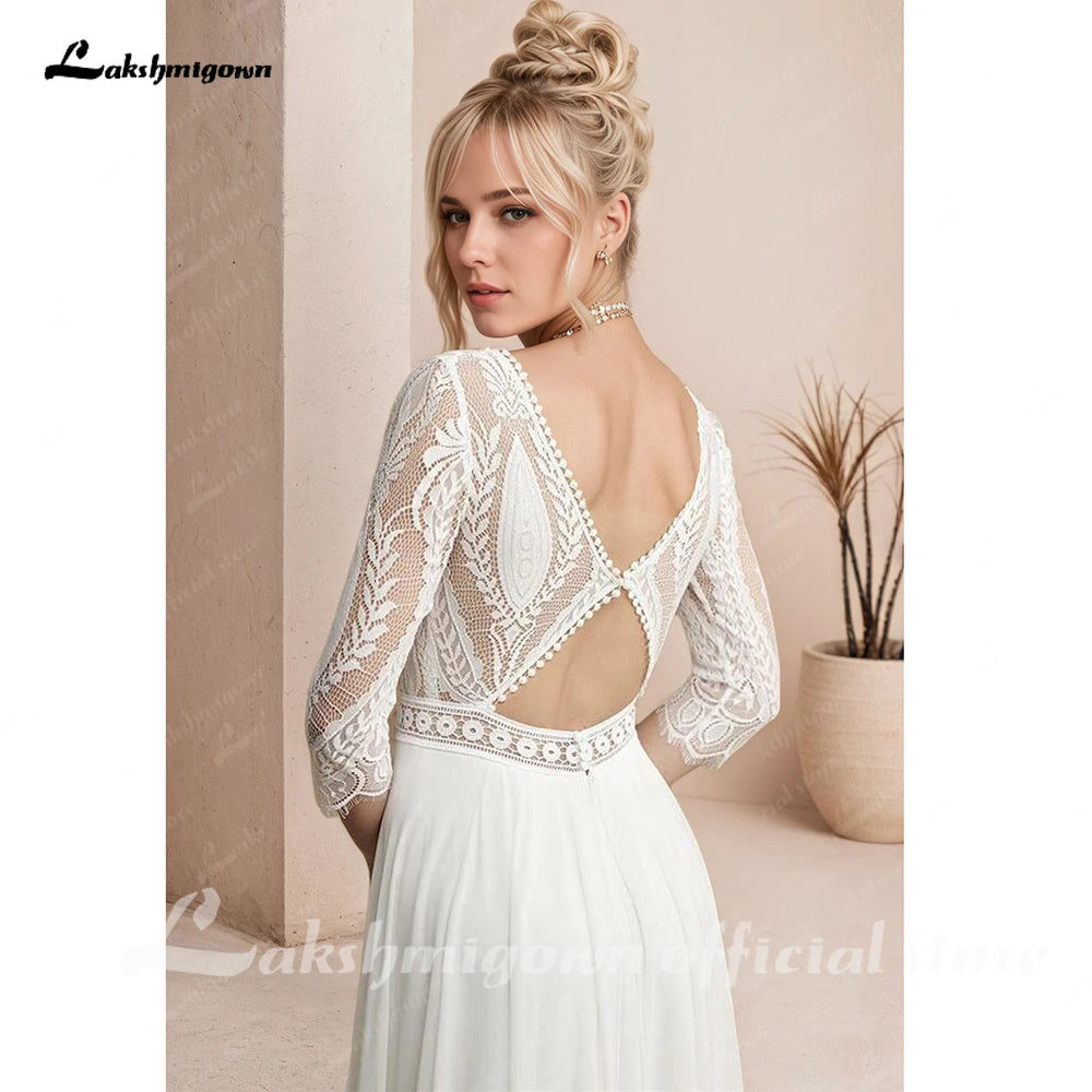 Lakshmigown Sexy Women Beach Bohemian Wedding Dresses 3/4 Sleeves Civil Chiffon Long Boho Bridal Gowns Open Back Customized