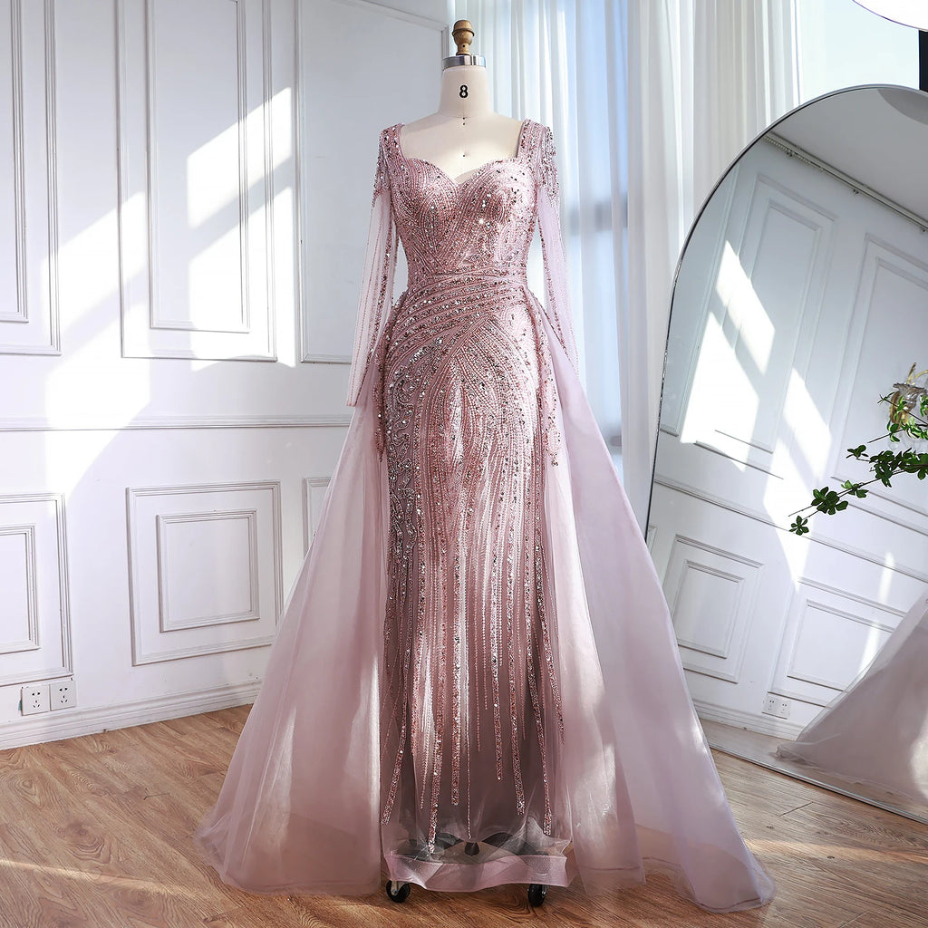 Serene Hill Black Long Sleeves Luxury Beaded Evening Dress Overskirt Formal Party Gowns for Women DLA73198 Customized