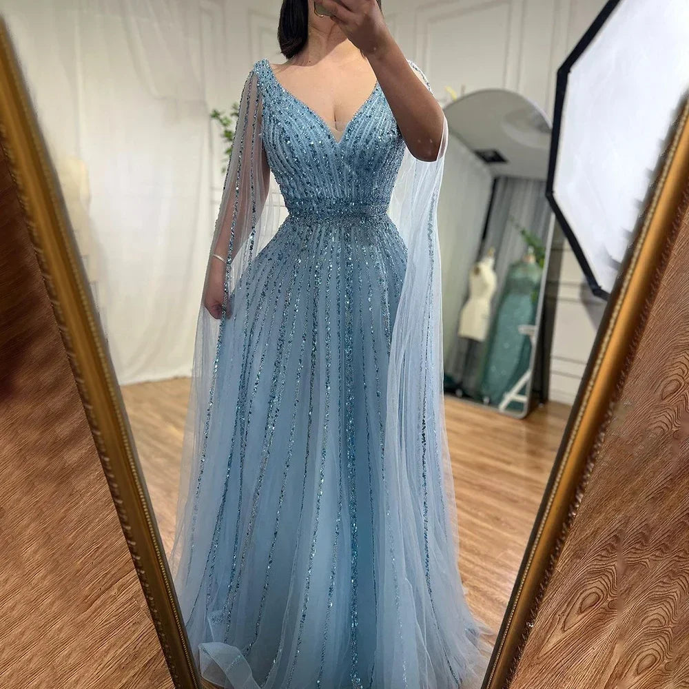 Customized Pink A-Line Cape Sleeves Luxury Beaded Evening Dresses Party Gowns For Women Wedding | Nightbubo
