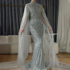 Dubai Grey Mermaid Cape Sleeves Pearls Beaded Elegant Evening Dresses Gowns 2025 Wedding Party DLA72372 Customized