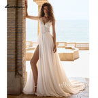 Lakshmigown Beach Wedding Dress Woman Bride Dresses V Neck Sleeveless Lace Applique Side Slit Chiffon A Line Bridal Gown for Lad
