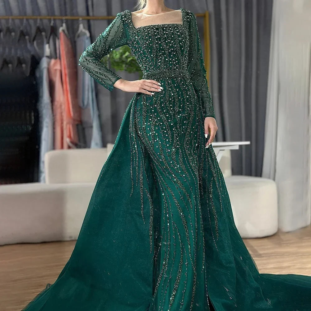 Customized Wine red Long Sleeves Mermaid Beaded Evening Dresses with Overskirt Party Gowns for Women | Nightbubo