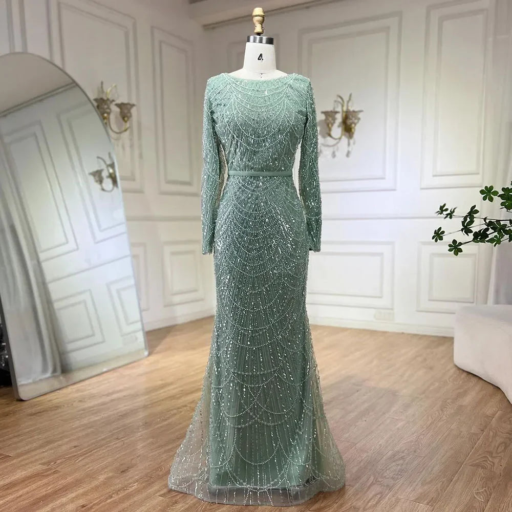 Serene Hill Customized Muslim Hijab Sage Green Long Sleeves Evening Dresses with Cape Dubai 2024 Party Gowns For Women LA72032M