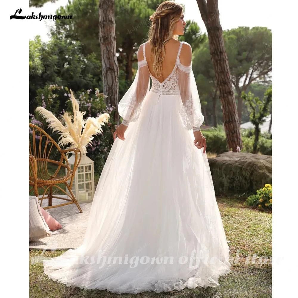 Lakshmigown Bohemian Wedding Dresses A Line Tulle Lace Appliques V Neck Long Puff Sleeves Backless Vestidos De Novia Customized