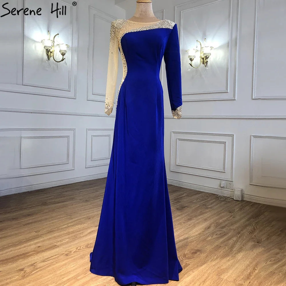 Serene Hill Customized White Satin Long Sleeve Mermaid Simple Beaded Evening Dress Party Gowns For Women Bridal Shower DLA71152