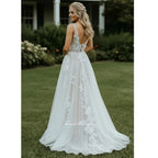 Lakshmigown V-neck Lace Wedding Dress with Appliques Floor-Length A-Line Tulle Bridal Gowns Customized