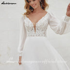 Lakshmigown Chiffon V Neck Wedding Dress Bride Applique A-Line Civil Double V-Neck Puff Sleeves Bride Gowns Customized