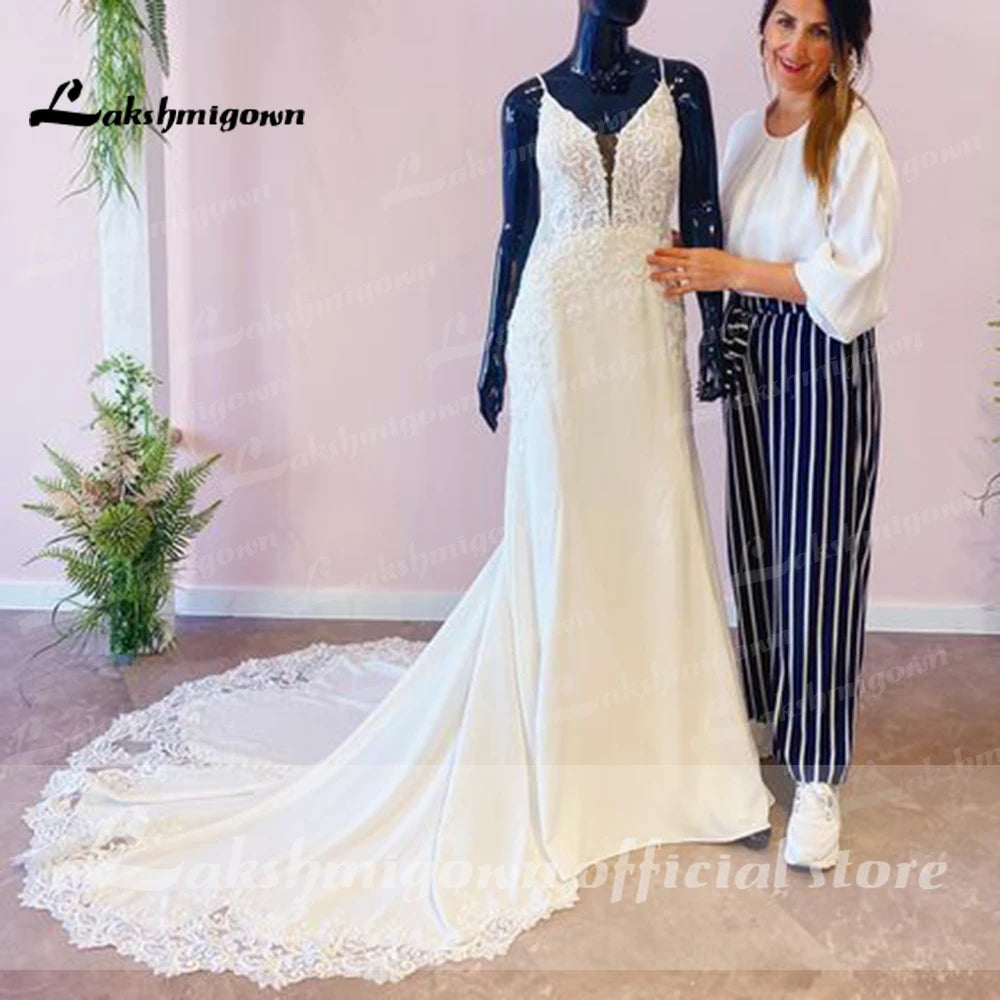 Lakshmigown Deep V Neck Soft Satin Wedding Dresses Robe de mariee Court Train Appliques Bridal Gown Plus Size