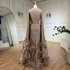 Serene Hill 2025 Champagne Mermaid Luxury Cape Sleeves Beaded Satin Saudi Evening Dresses Gowns for Party DLA72317A Customized