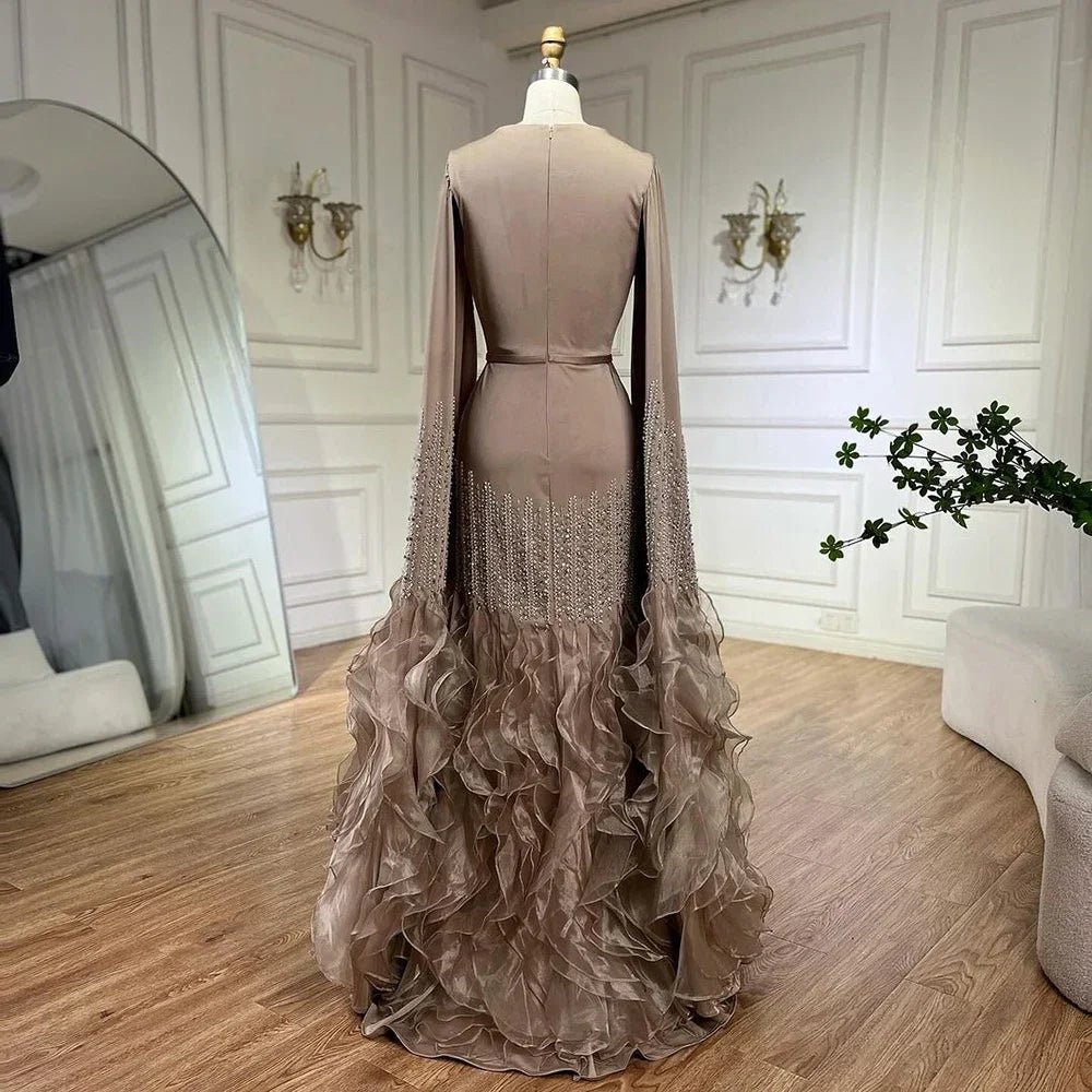 Serene Hill 2025 Champagne Mermaid Luxury Cape Sleeves Beaded Satin Saudi Evening Dresses Gowns for Party DLA72317A Customized