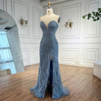 Serene Hill Customized 2025 Strapless Blue Luxury Beaded Feathers Slit Open Evening Party Gowns for Women DLA72695
