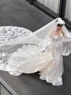 Long Wedding Veil Lace Appliques Cathedral Veil One-Layer Wedding Veils With Comb Customized