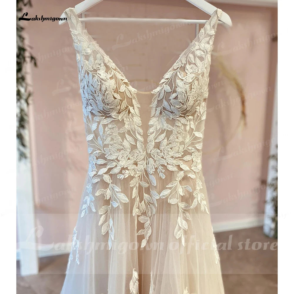Lakshmigown V Neck Lace Appliques Wedding Dresses Customized Champagne Bridal Gowns A Line Wedding Gown Estido De Noiva Praiano