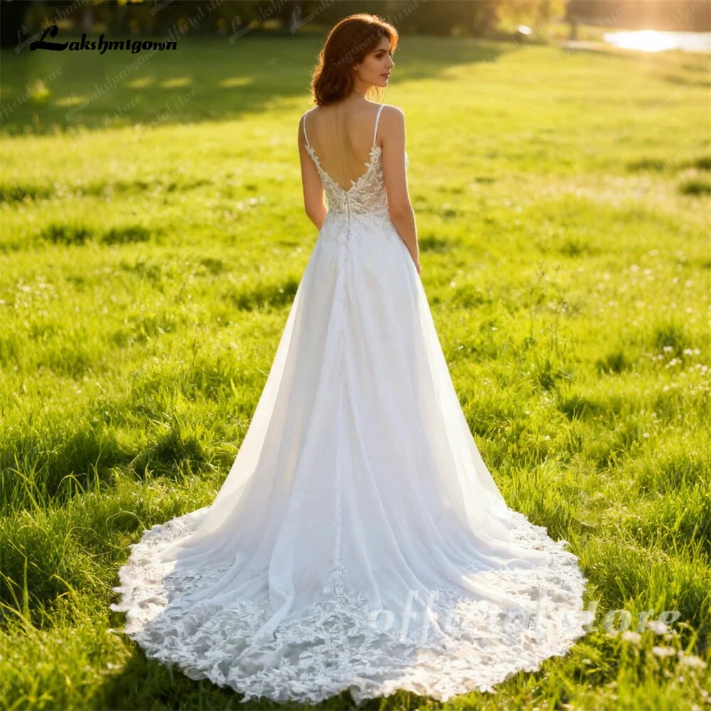 Lakshmigown Spaghetti Straps Wedding Dress for Women with Lace Tail Backless Long Bride Dresses 2026 Customized