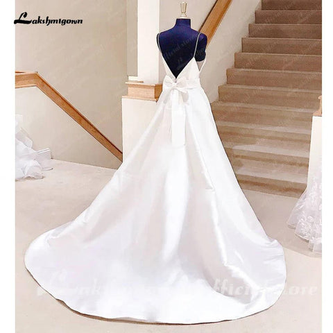 NumberSea Satin A-Linie Brautkleider mit Schleife Rückenfrei 2025 Sommer Strand Robe Satin Sexy Brautkleider Spaghettiträger 