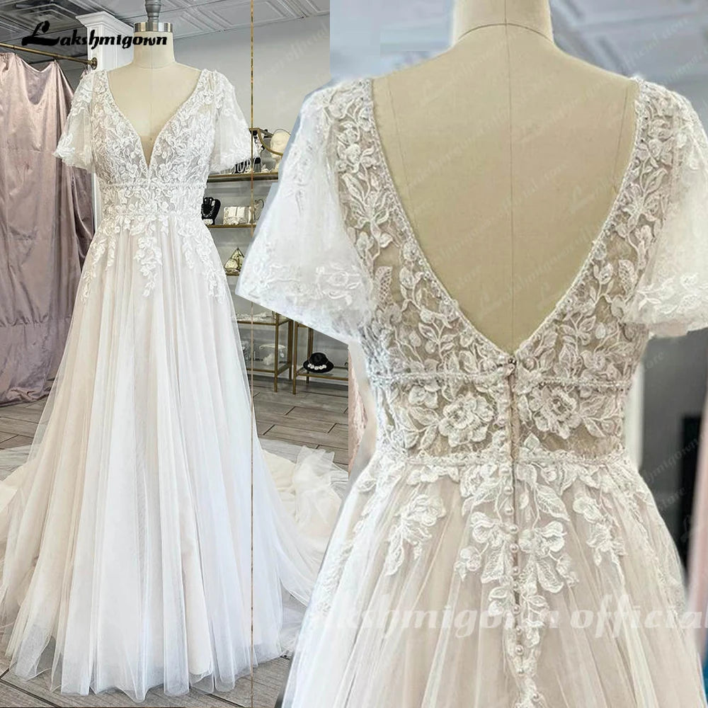 Lakshmigown Lace V-Neck Boho Wedding Dress with Sleeves Vestidos De Fiesta A Line Tulle Beach Wedding Gowns Customized Hochzeit