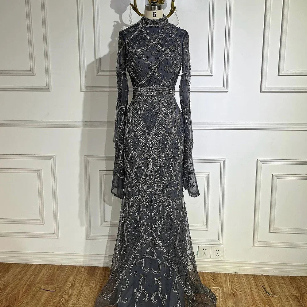 Customized Muslim Gray Mermaid Cape Sleeve Beaded Evening Dress Dubai Elegant Party Gowns for Women | Nightbubo