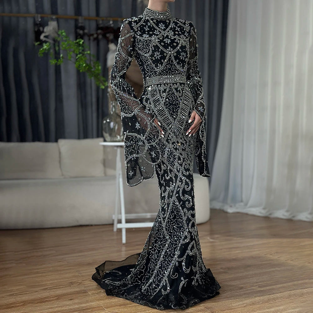 Serene Hill Customized Muslim Gray Mermaid Cape Sleeve Beaded Evening Dress Dubai Elegant Party Gowns 2025 for Women DLA72316