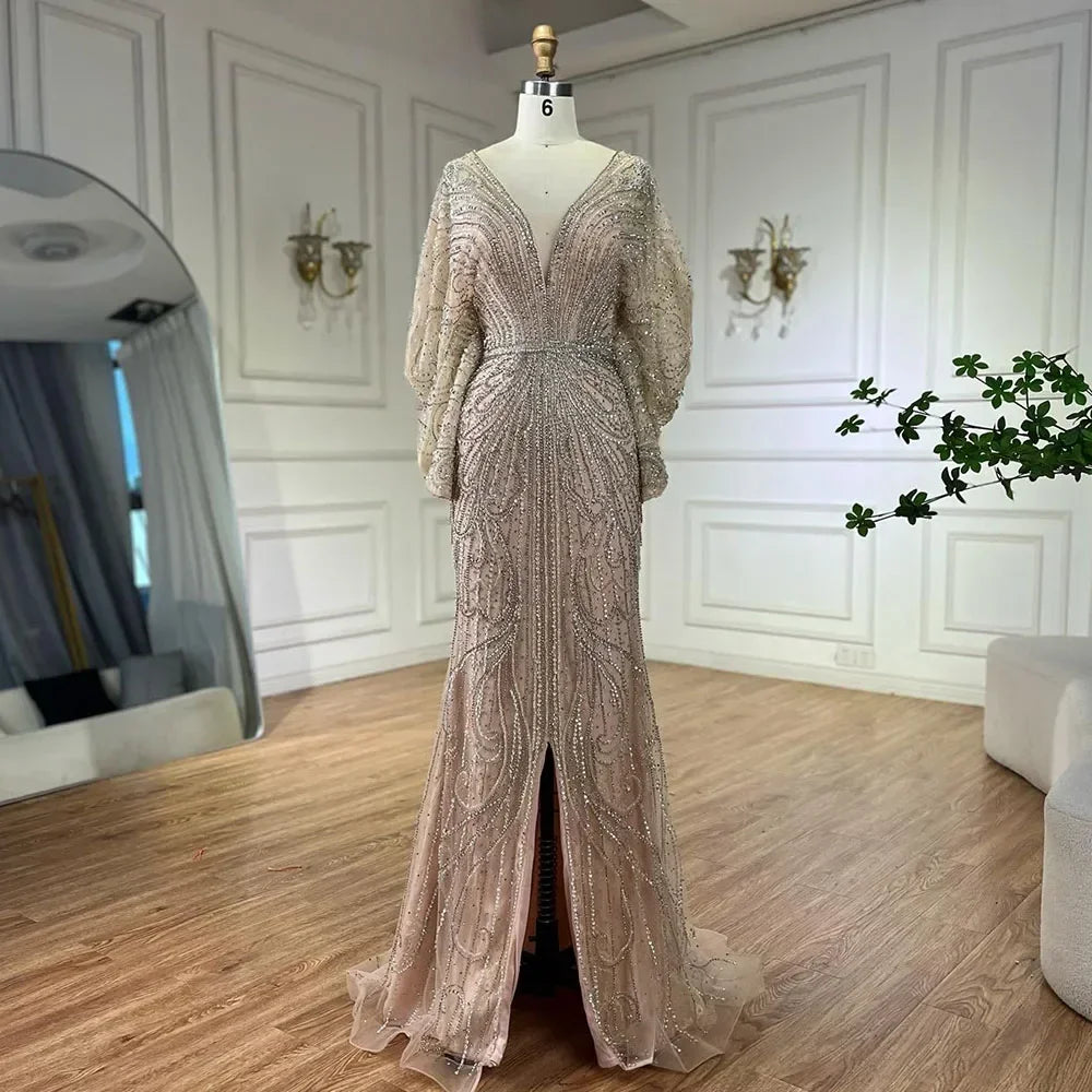 Serene Hill Nude V-neck Mermaid Beaded Evening Dresses 2025 Wedding Party Gowns For Women DLA72288A Customized
