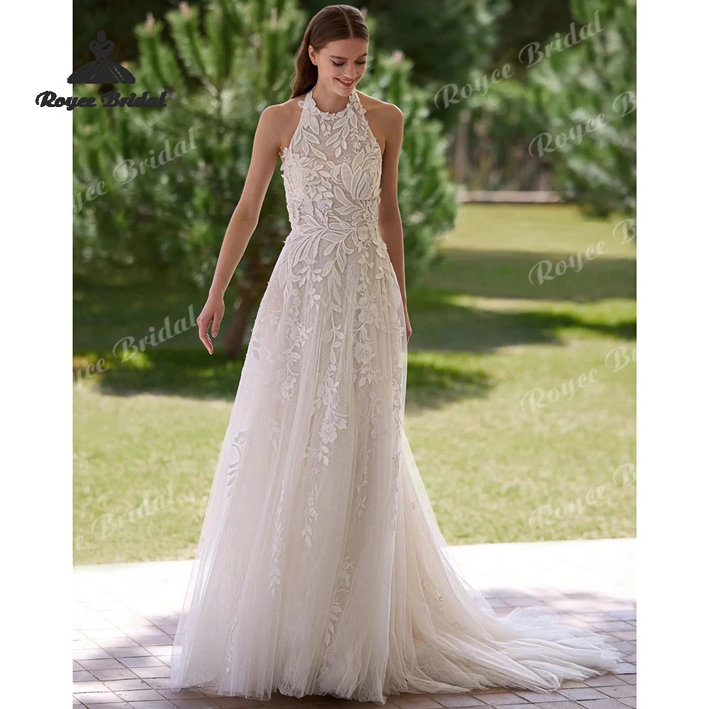 Elegant Flowers Lace Appliques A Line Wedding Dresses 2027 Halter Customized Beach Bridal Gown Custom Vestido De Novia