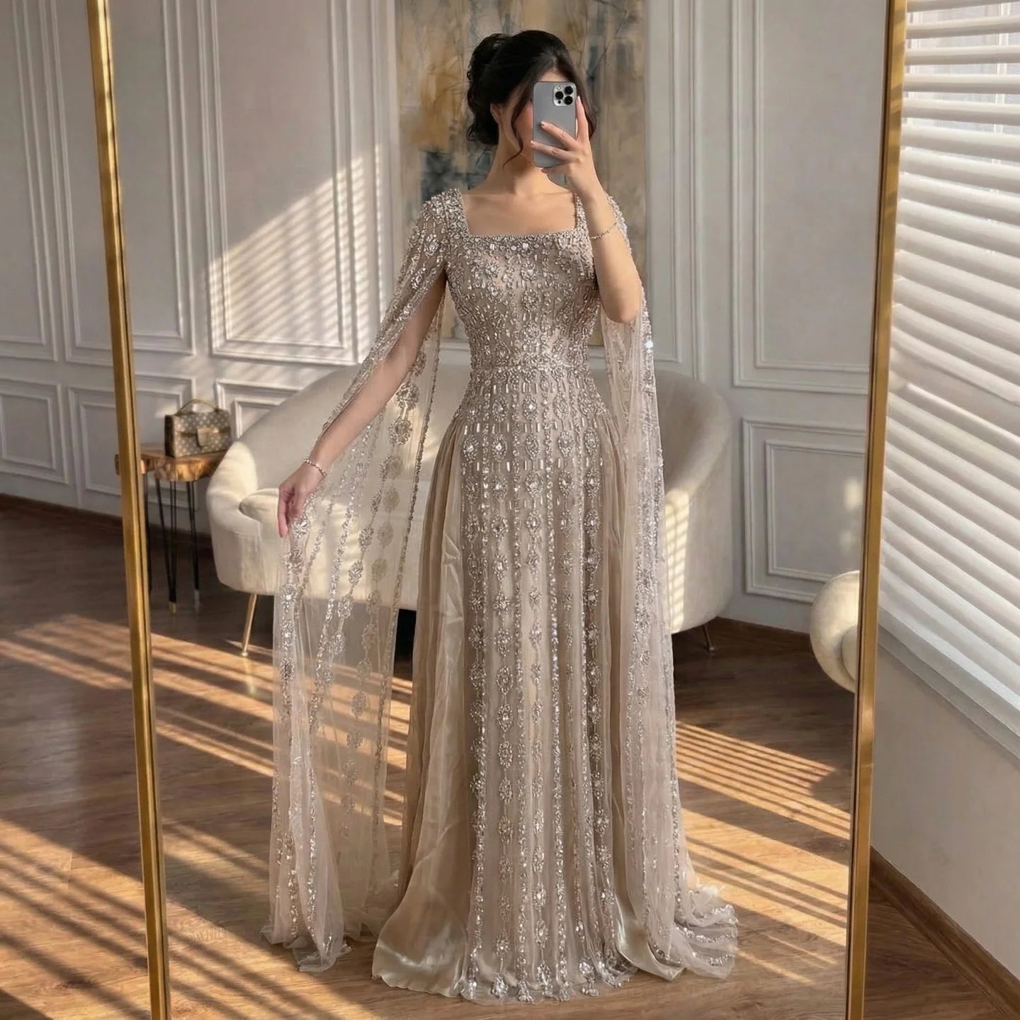 Serene Hill Luxury Beaded Evening Gown Elegant Cape Sleeve Square Neck Muslim Wedding Party Dress 2026 DLA73272 Customized