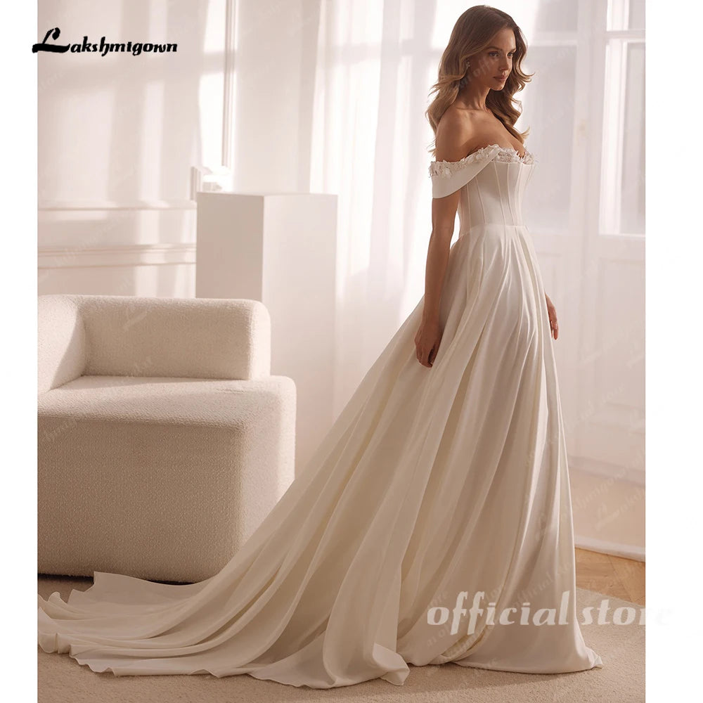 Lakshmigown Sweetheart Off The Shoulder A-Line Wedding Dresses 2026 Women Flowers Lace Pleat Open Back Satin Vestidos Customized