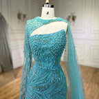 Serene Hill Customized Blue Mermaid High Split Pearls Beaded Evening Dress with Glove Formal Party Gowns For Women 2026 DLA72268
