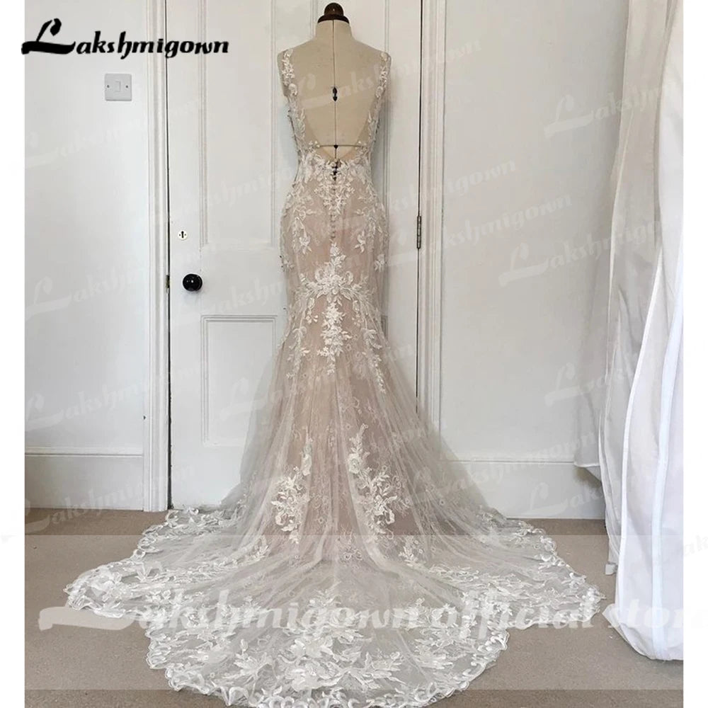 Lakshmigown V Neck Lace Appliques Illusion Court Train Wedding Dress Boho Mermaid/Trumpet Bridal vestido branco Customized