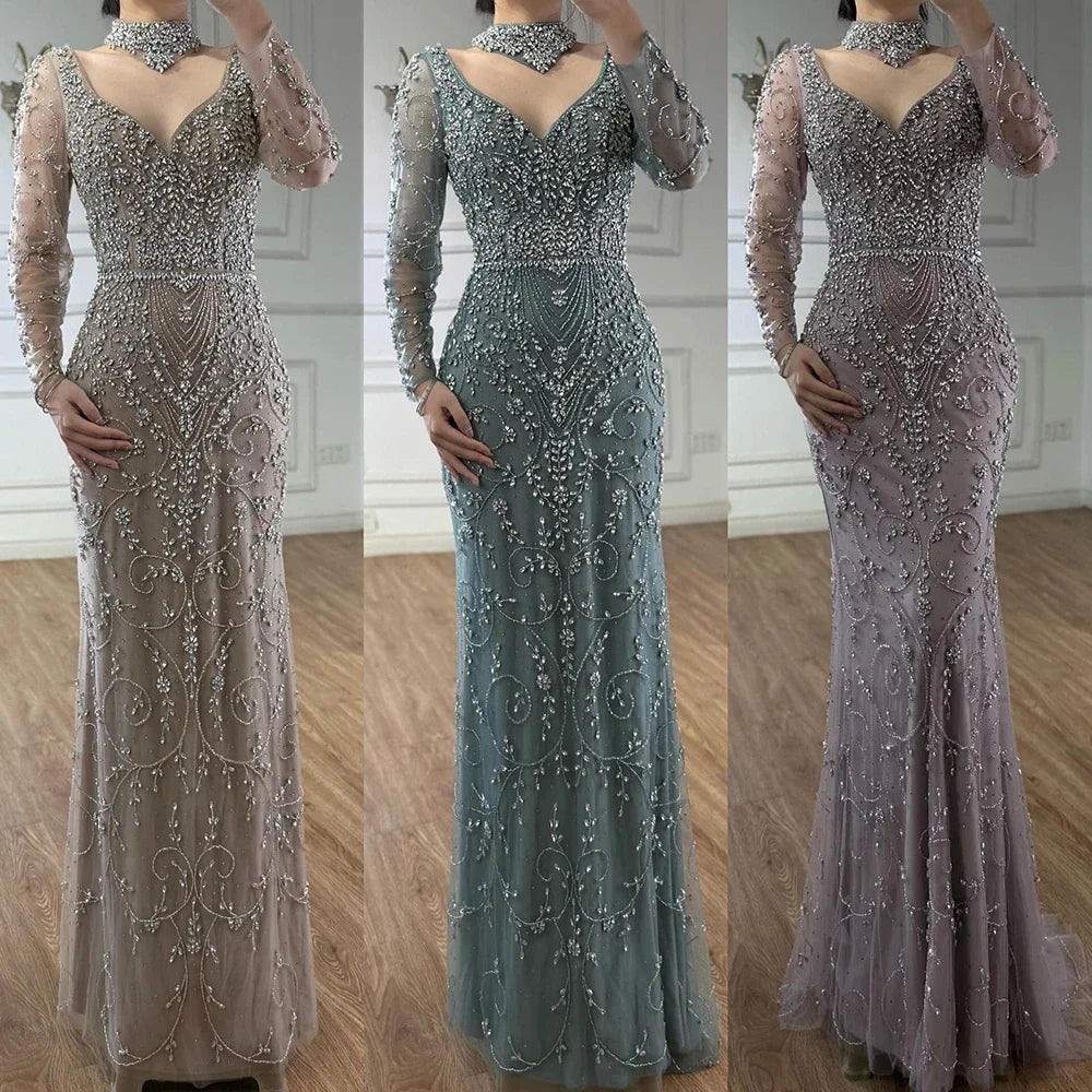 Serene Hill Customized Turquoise Evening Dresses with Neck Lace 2026 Long Sleeves Mermaid Beaded Elegant Party Gowns DLA73042B