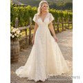 Lakshmigown Full Lace Wedding Dress Deep V‑Neck Short Cap Flutter Sleeves A‑Line Boho Bridal Gown For Country Outdoor Customized