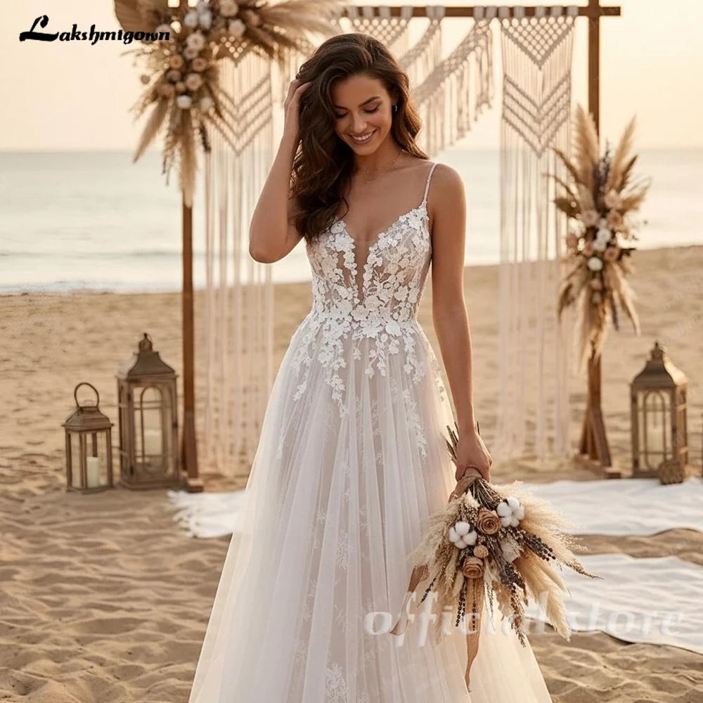 Lakshmigown Sexy V-neck Lace A-line Wedding Dresses Spaghetti Strap Appliques Floor Length Tulle Bridal Gown Customized