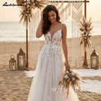 Lakshmigown Sexy V-neck Lace A-line Wedding Dresses Spaghetti Strap Appliques Floor Length Tulle Bridal Gown Customized