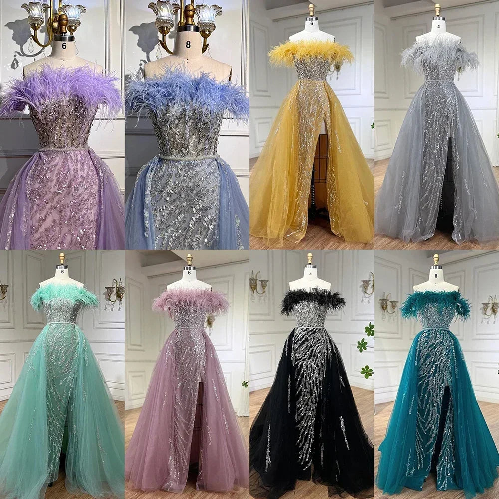 Serene Hill Yellow Feathers Beaded Mermaid Evening Dresses with Overskirt Side Slit Party Gowns for Women DLA72061 Customized