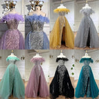 Serene Hill Yellow Feathers Beaded Mermaid Evening Dresses with Overskirt Side Slit Party Gowns for Women DLA72061 Customized