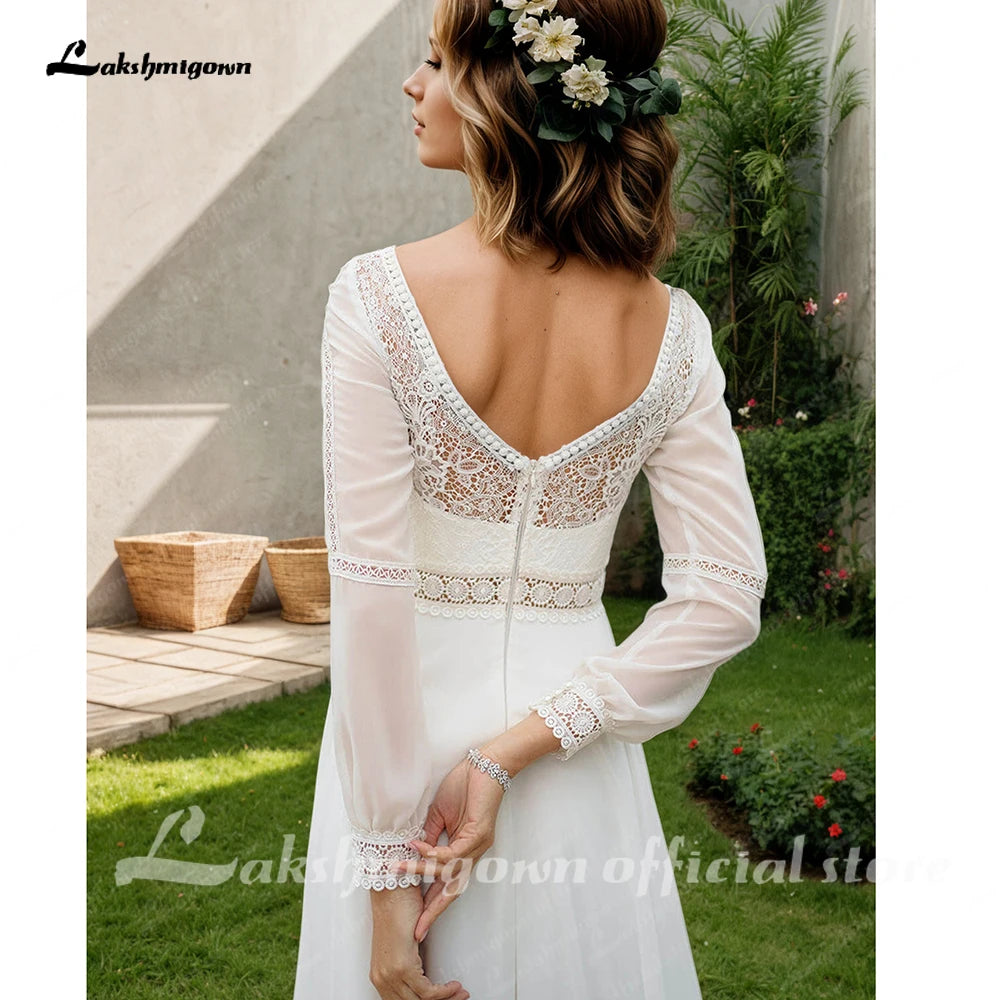 Lakshmigown Vestidos Puffy Chiffon Long Sleeve Boho Wedding Dress for Women 2026 Plus Size Bridal Beach Wedding Gowns Customized
