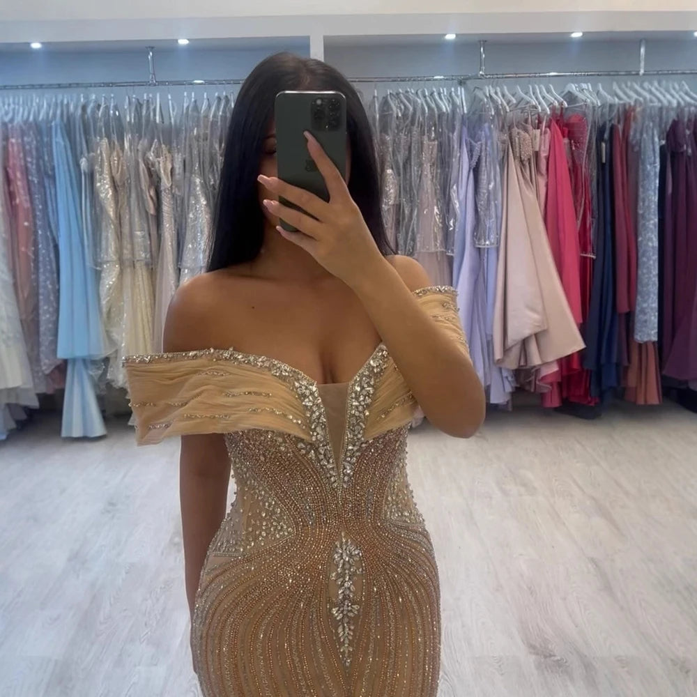 Serene Hill Customized Gold Mermaid Evening Dress 2026 Luxury Beaded Party Gowns for Women DLA73142A